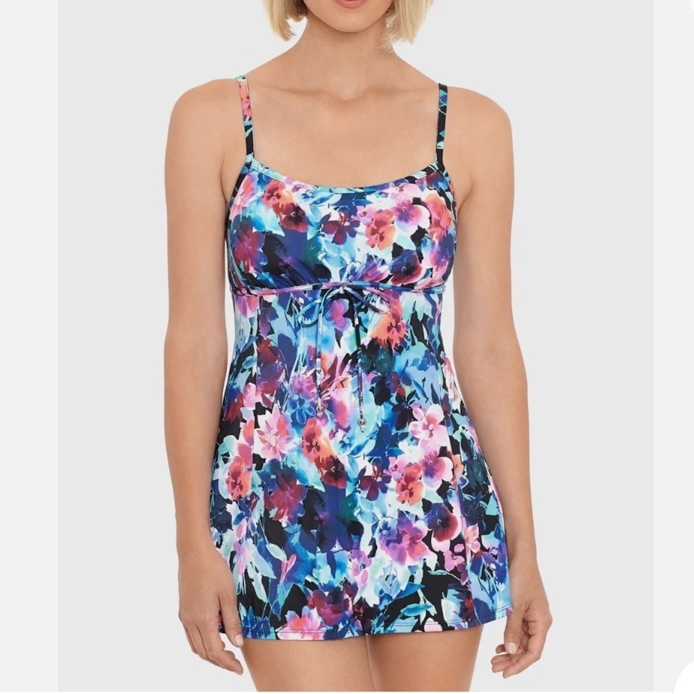 Swim Solutions Empire Waist Tummy Control Swimdress floral Swimsuit Size 8 NWT
